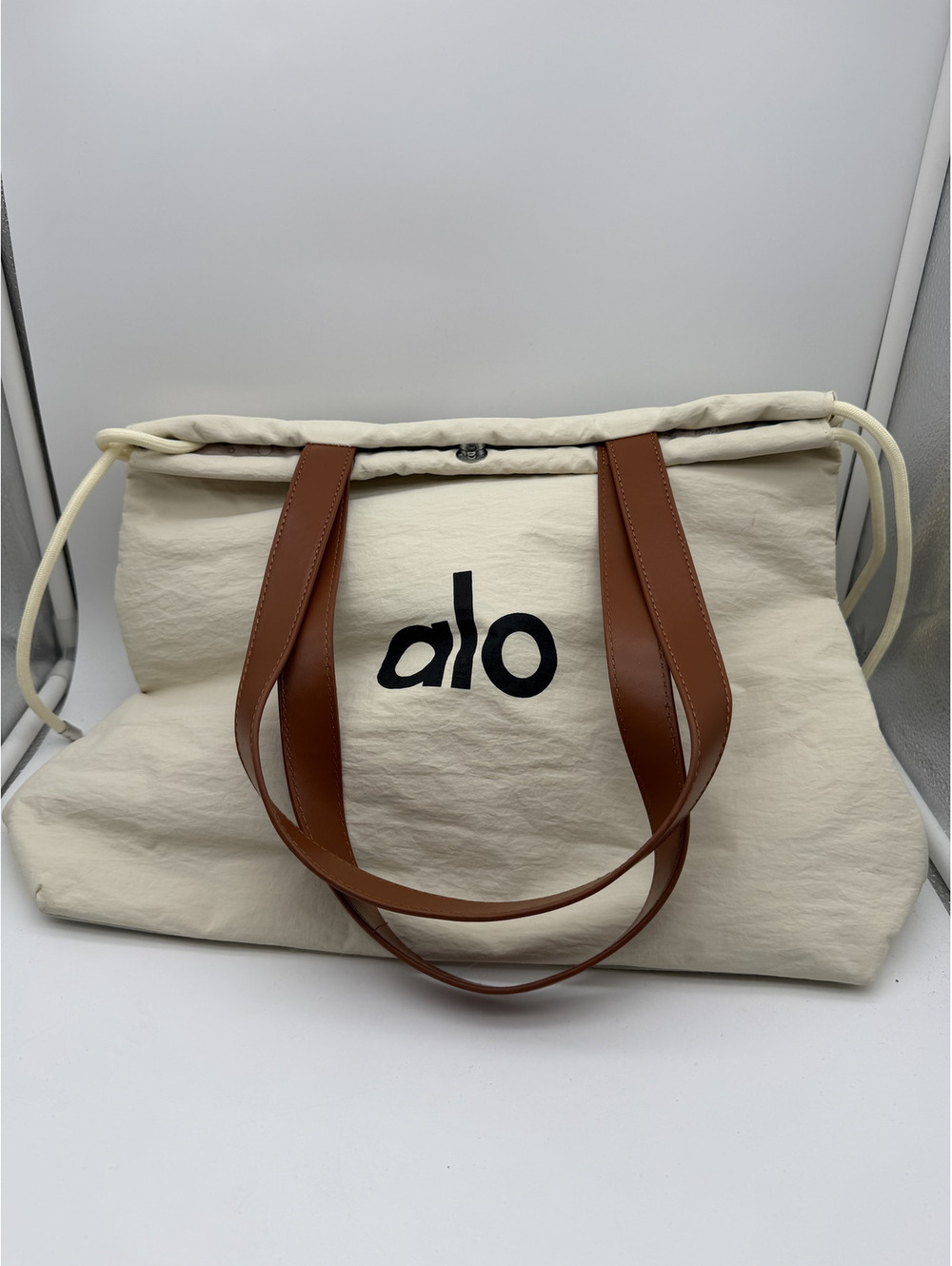 Alo Yoga Cream Canvas Tote Bag with Brown Leather Straps